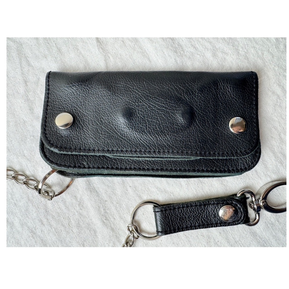 La Rosa Design Black Pebbled Leather Biker Trucker Wallet w Chain Belt Loop VTG